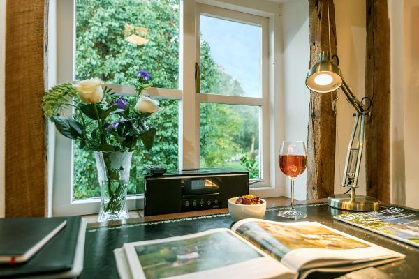 Looking out over the garden and river from desk