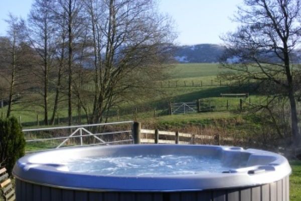 pine lodge with hot tub